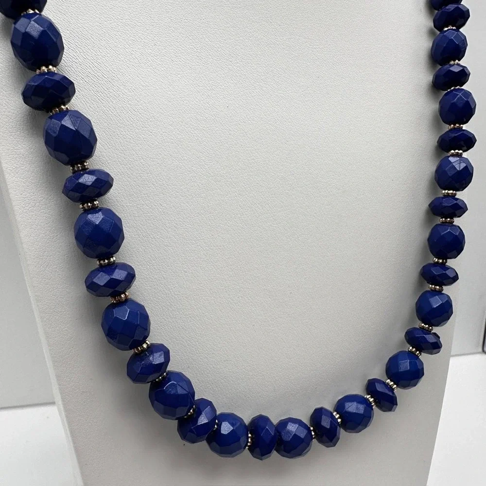 Vintage 90s Gold Tone Blue Faceted Beaded Statement Necklace Women's Jewelry Y2K